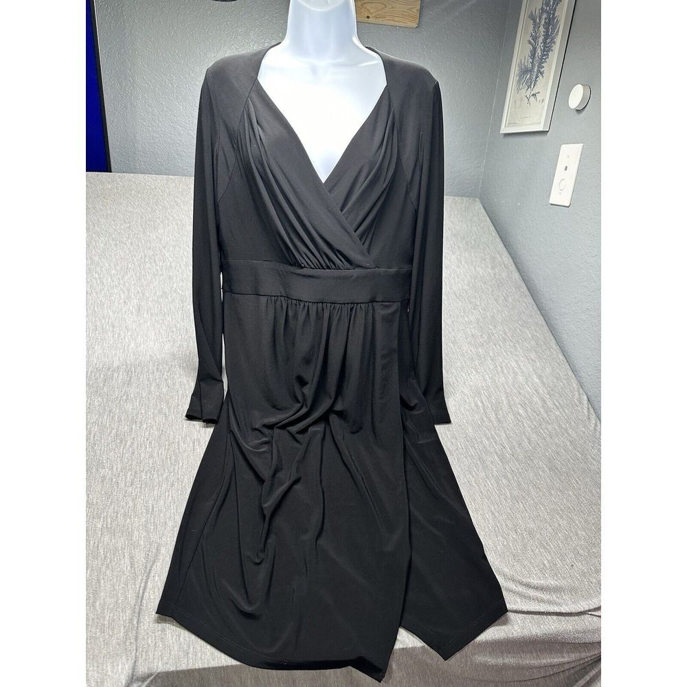 Donna Karan Size 12‎ Faux Wrap Sheath Dress Surplice V Neck Long Sleeve Black